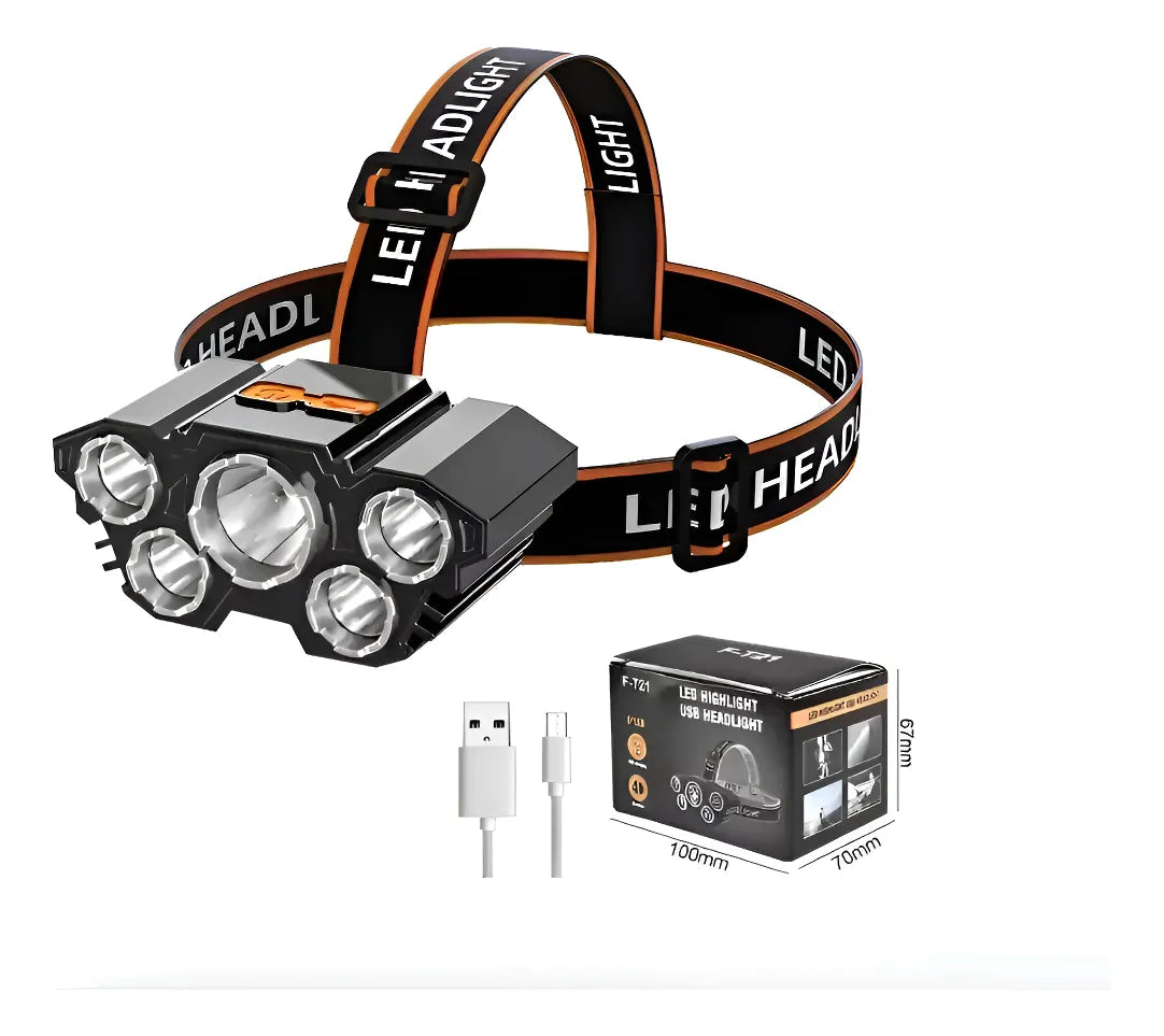 Linterna Frontal Led Recargable Usb 5 Focos Potente