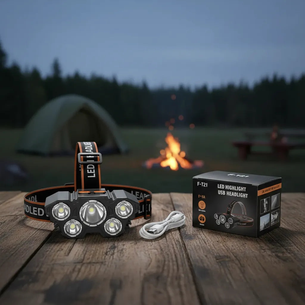 Linterna Frontal Led Recargable Usb 5 Focos Potente