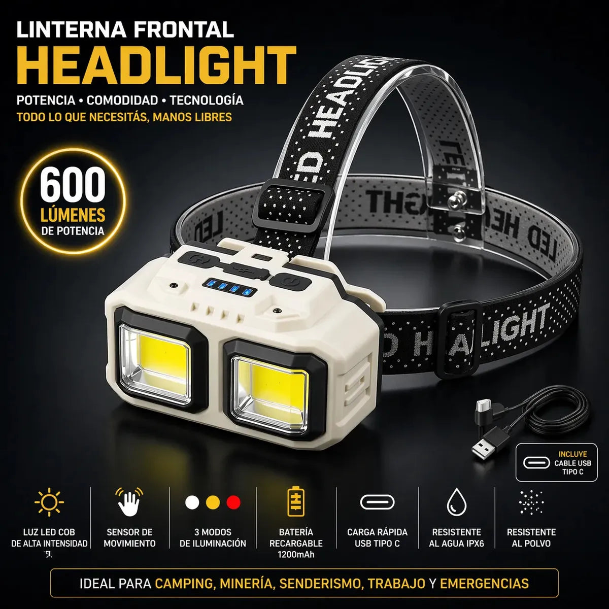 Linterna Frontal Alta Potencia Led 4 Modos luz